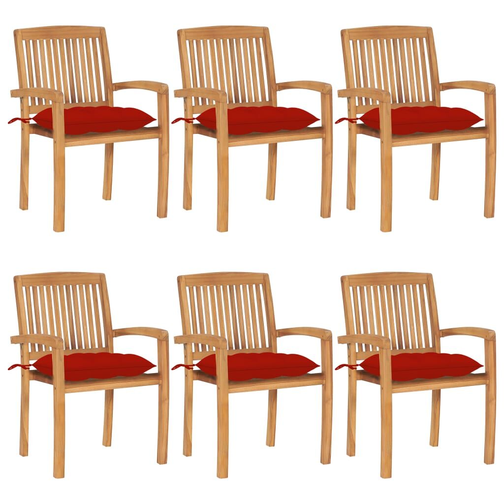 6 Sillas de jardín apilables de madera de teca con cojines Rojo