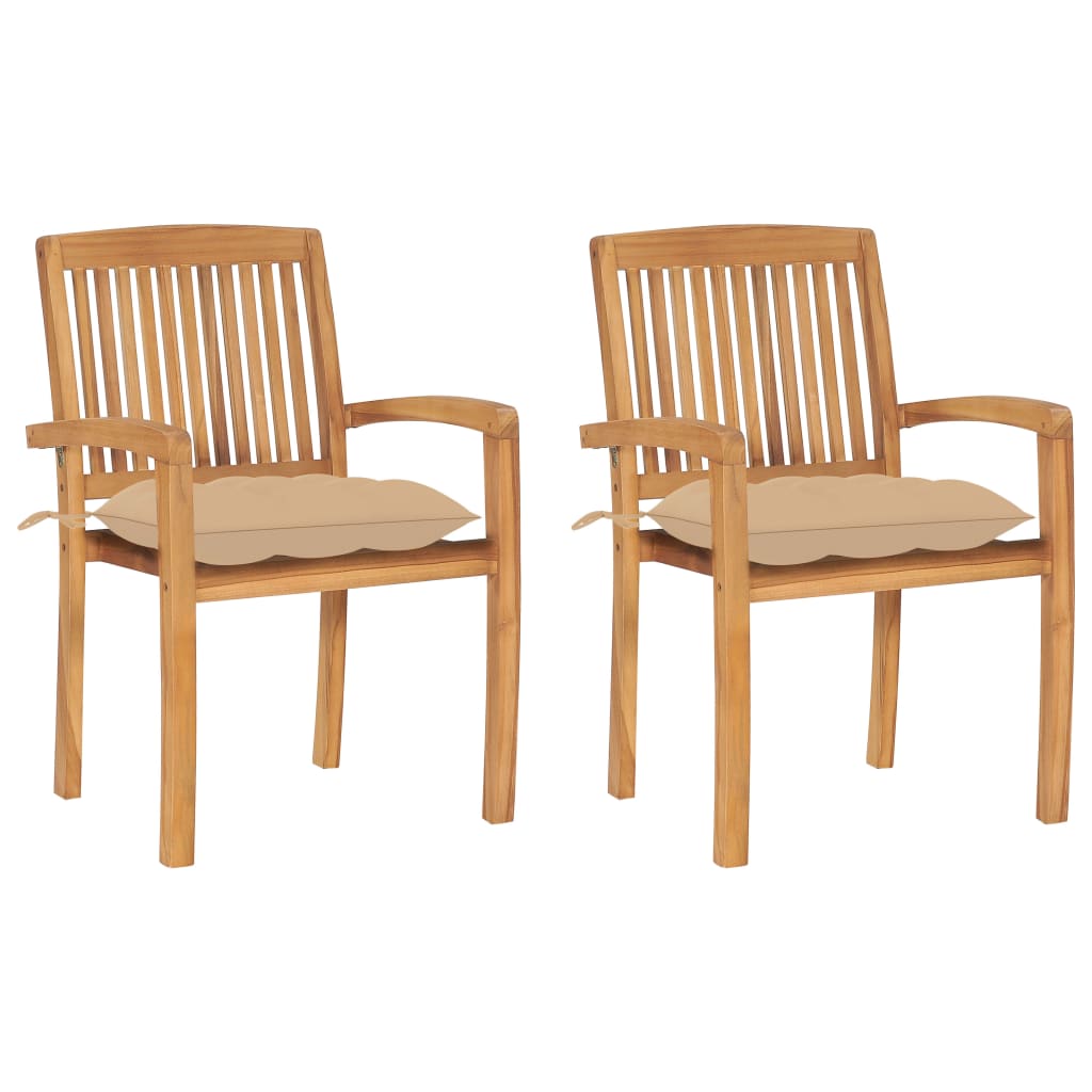 2 Sillas de jardín de madera de teca con cojines Beige