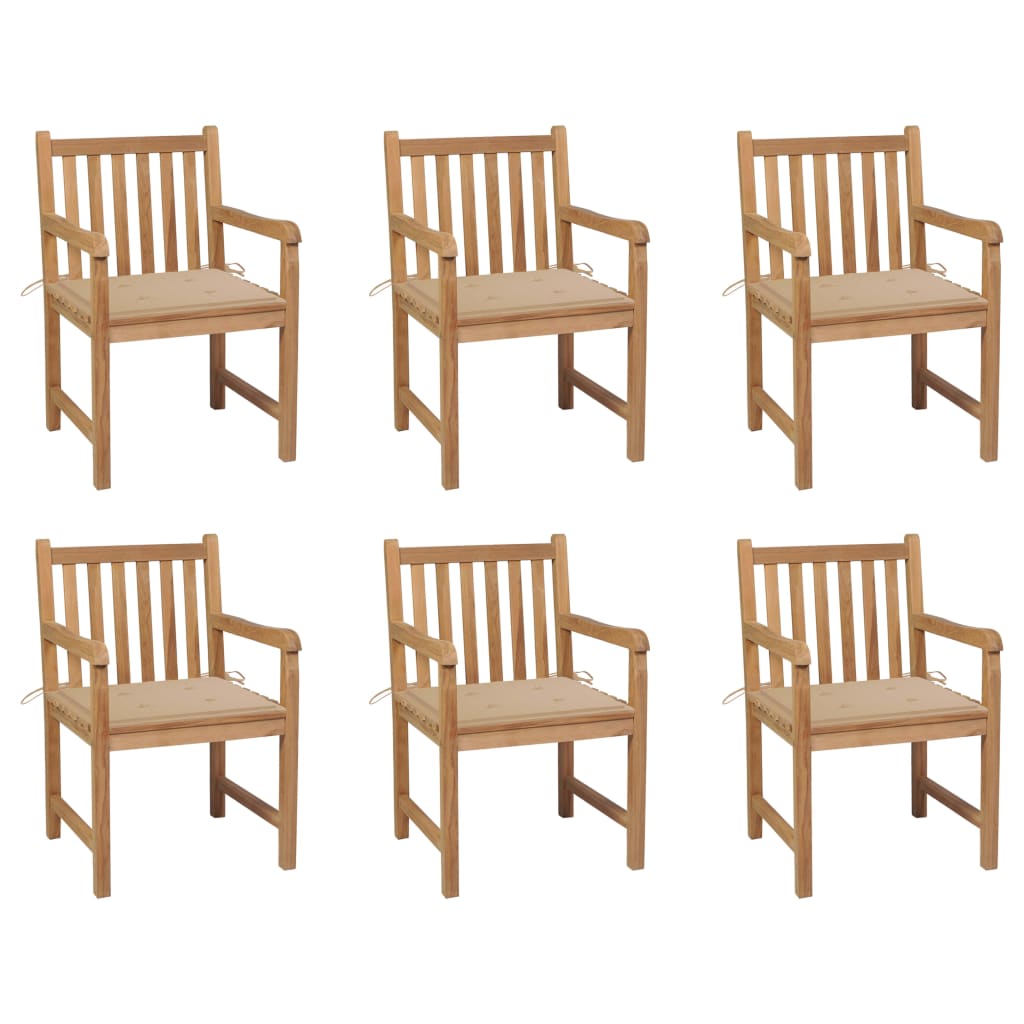6 Sillas de jardín de madera maciza de teca con cojines Beige