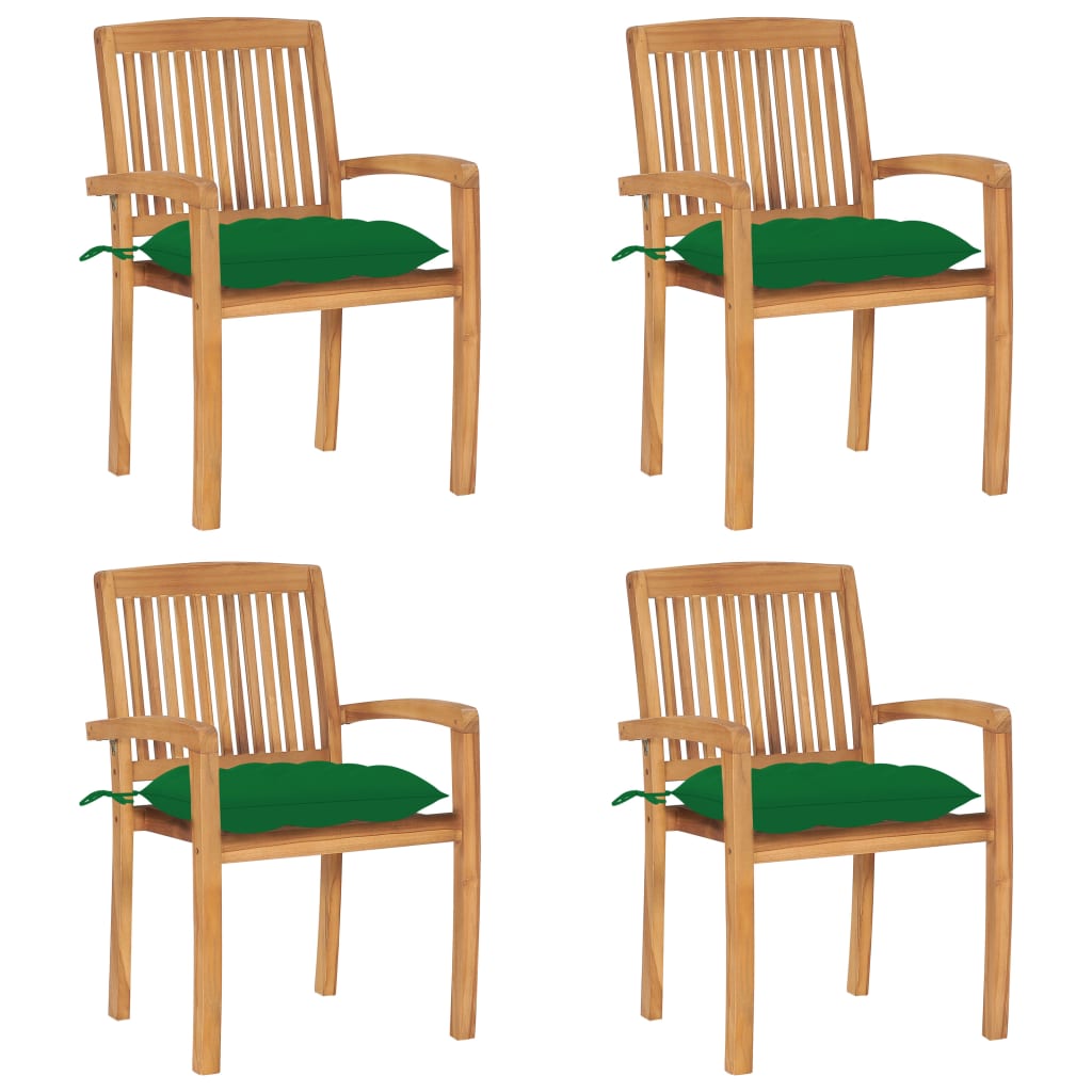4 Sillas de jardín apilables de madera de teca con cojines Verde Oscuro