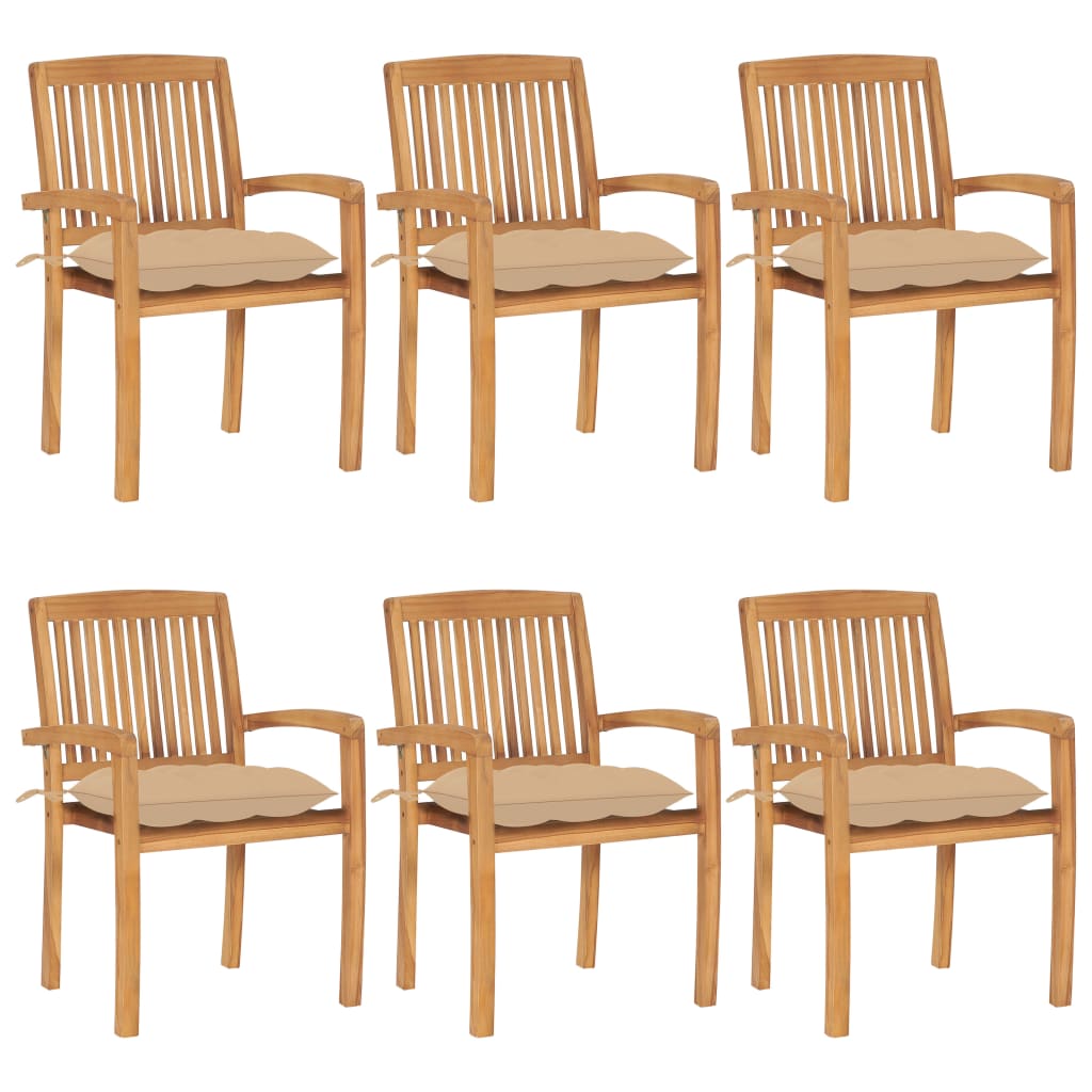 6 Sillas de jardín apilables de madera de teca con cojines Beige