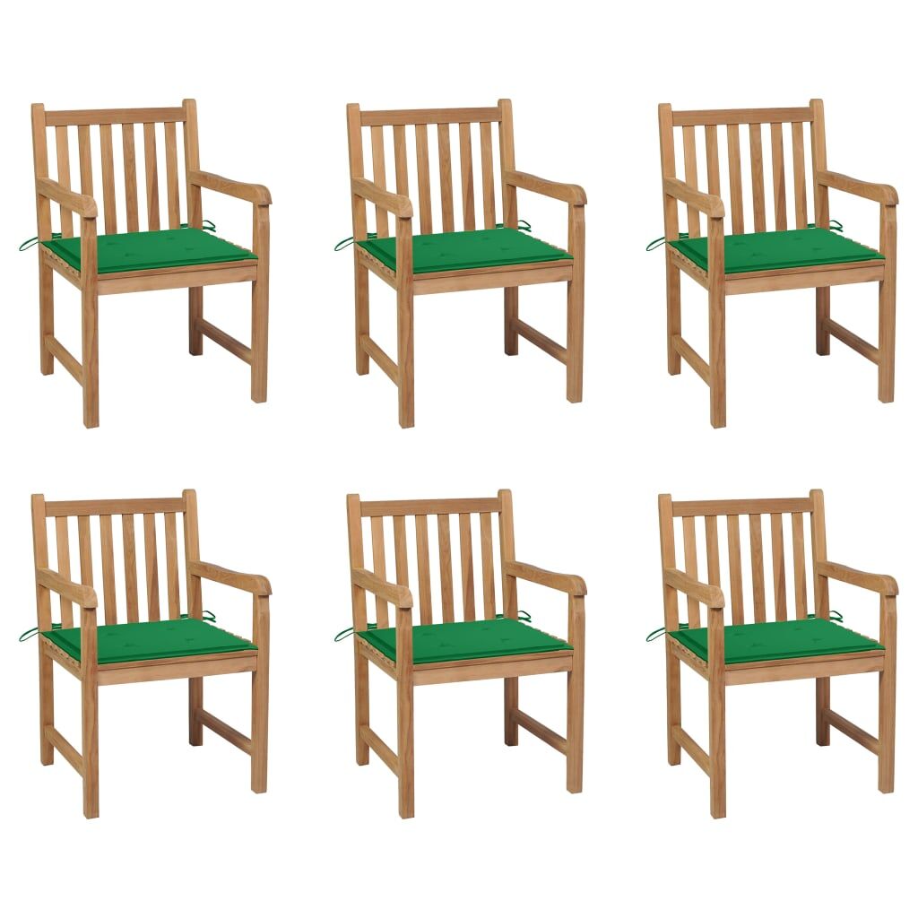 6 Sillas de jardín de madera maciza de teca con cojines Verde Oscuro