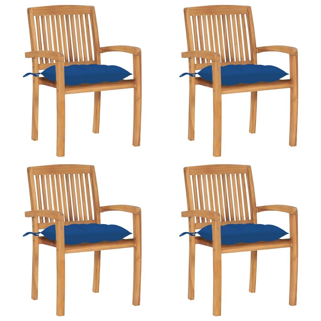 4 Sillas de jardín apilables de madera de teca con cojines Azul Marino