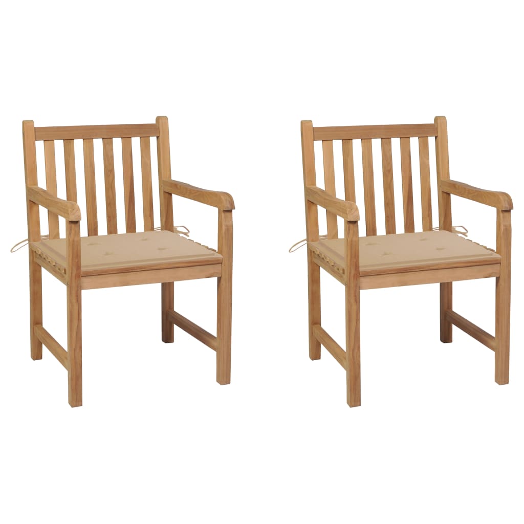 2 Sillas de jardin de madera maciza de teca con cojines Beige