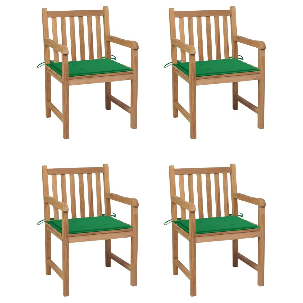 4 Sillas de jardín de madera maciza teca con cojines Verde Oscuro