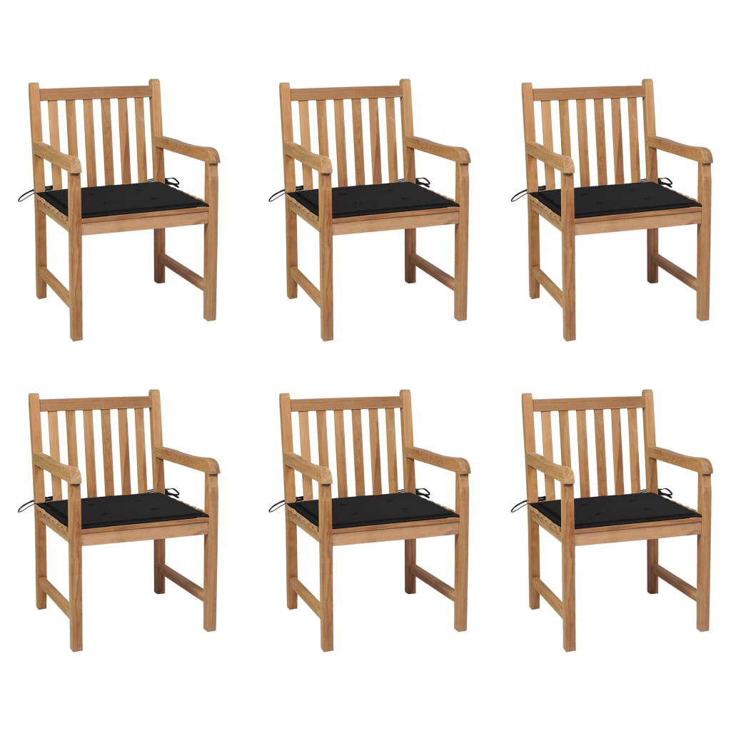 6 Sillas de jardín de madera maciza de teca con cojines Negro