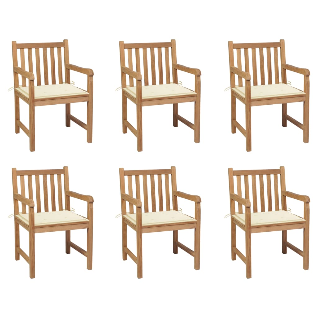 6 Sillas de jardín de madera maciza de teca con cojines Crema