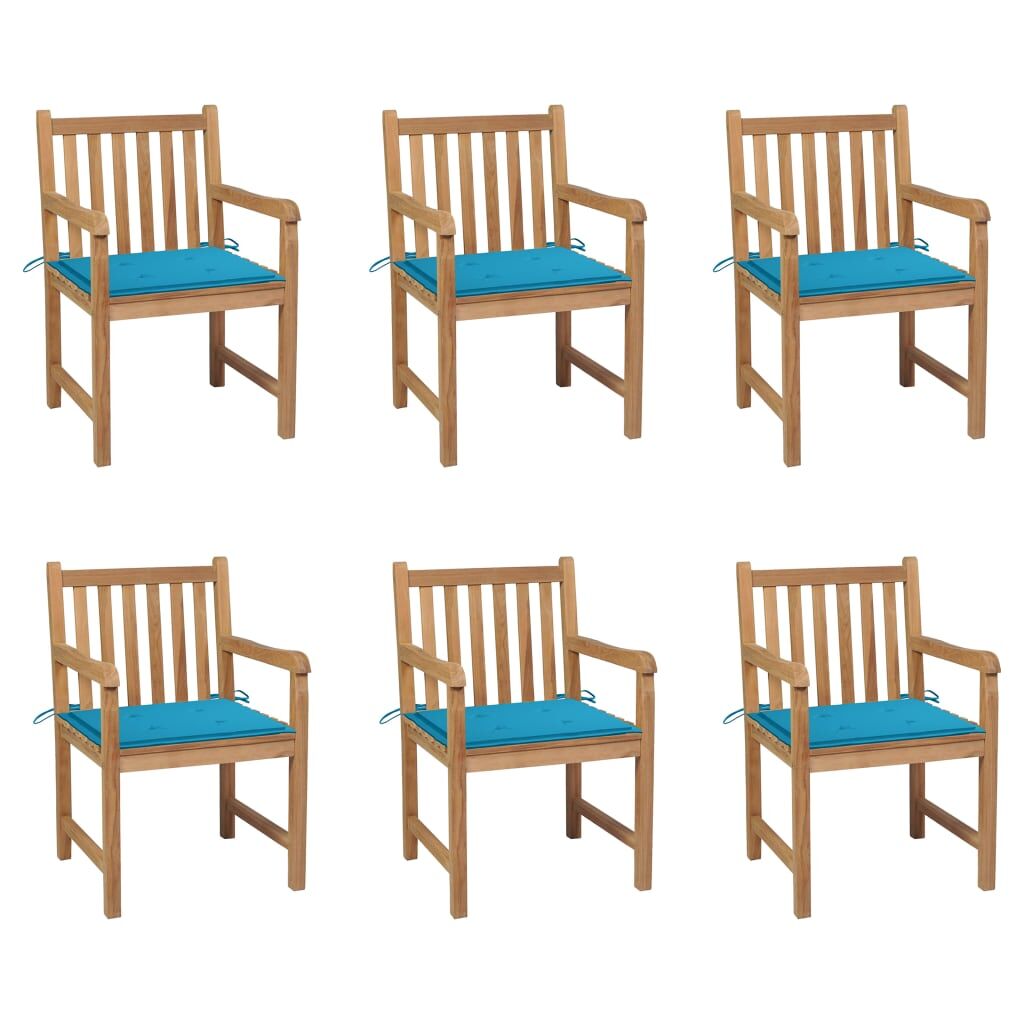 6 Sillas de jardín de madera maciza de teca con cojines Azul