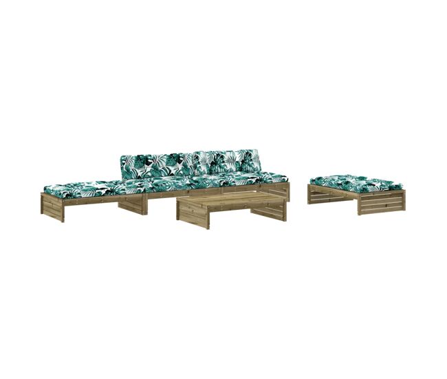 Juego de muebles jardin 5 piezas y cojines madera pino impregnada
