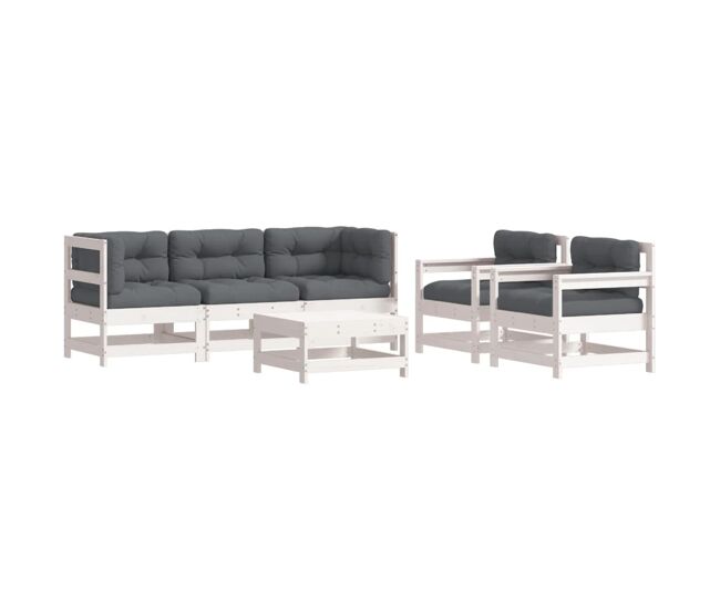 Juego de muebles jardin 6 piezas y cojines madera maciza blanco