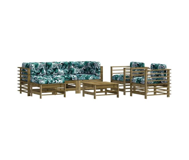 Juego de muebles jardin 7 piezas y cojines madera pino impregnada