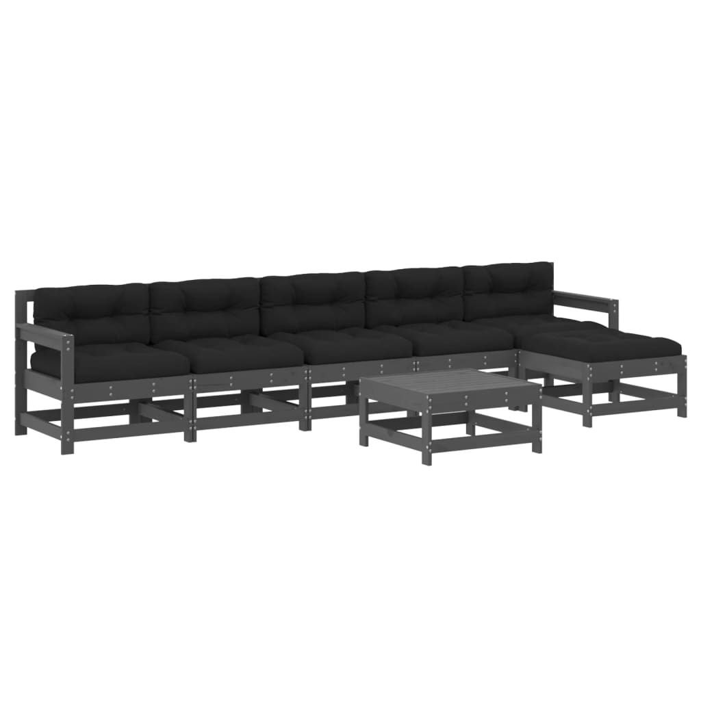 Juego de muebles de jardin 7 piezas y cojines madera maciza gris
