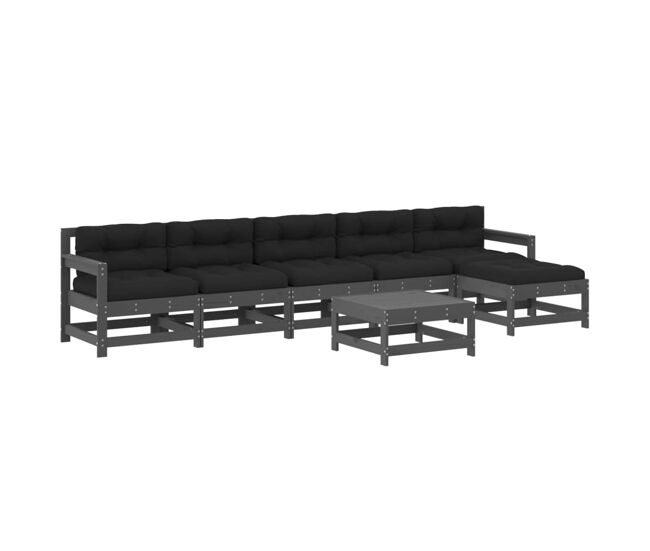 Juego de muebles de jardin 7 piezas y cojines madera maciza gris