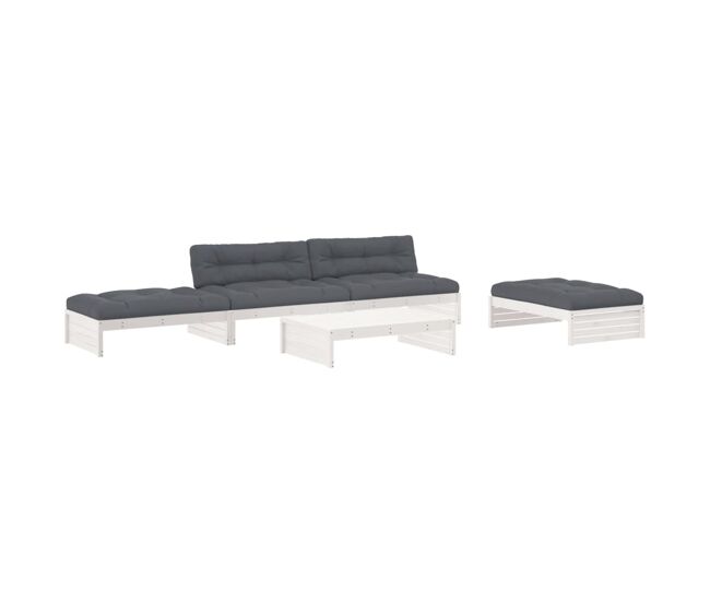 Juego de muebles jardin 5 piezas y cojines madera maciza blanco
