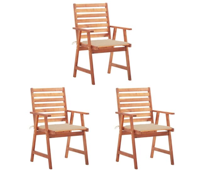 3 Sillas comedor de jardín de madera maciza acacia con cojines