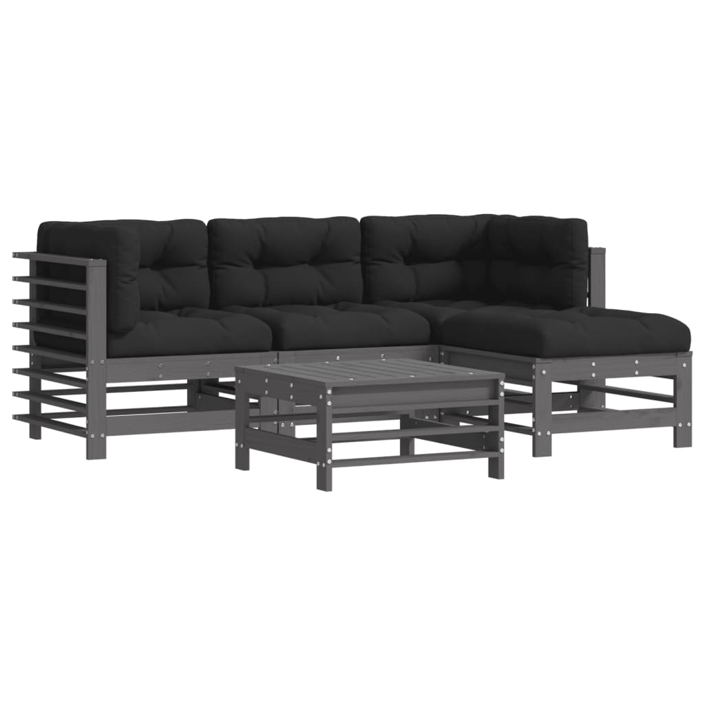 Juego de muebles jardin 5 piezas y cojines madera maciza gris