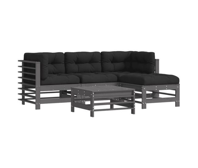 Juego de muebles jardin 5 piezas y cojines madera maciza gris