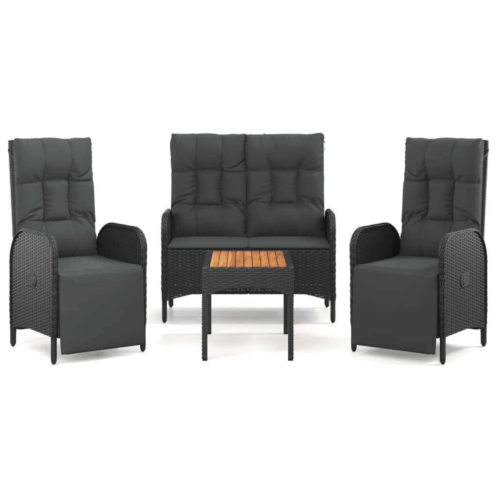 Juego comedor jardin 4 piezas con cojines ratán sintético negro banco + 2x sillon + mesa