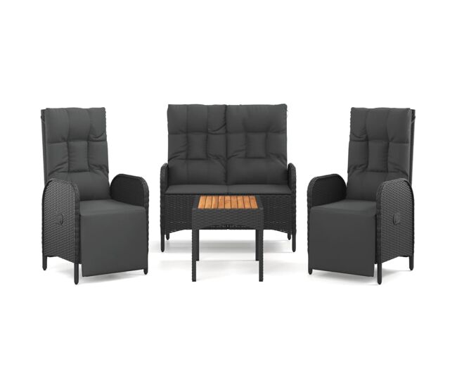 Juego comedor jardin 4 piezas con cojines ratán sintético negro banco + 2x sillon + mesa