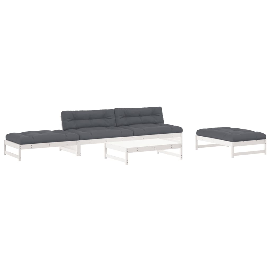 Juego de muebles jardin 6 piezas y cojines madera maciza blanco