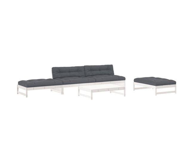 Juego de muebles jardin 6 piezas y cojines madera maciza blanco