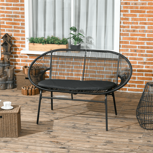 Outsunny Sofá Acapulco de 2 Lugares Sofá de Jardim com Apoios de Braço Almofada e Estrutura de Aço Capacidade 260 kg para Varanda Terraço Pátio 132x72x83 cm Preto