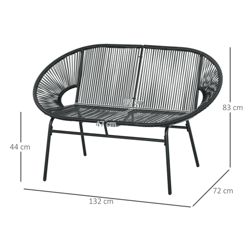 Outsunny Sofá Acapulco de 2 Lugares Sofá de Jardim com Apoios de Braço Almofada e Estrutura de Aço Capacidade 260 kg para Varanda Terraço Pátio 132x72x83 cm Preto
