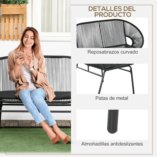 Outsunny Sofá Acapulco de 2 Lugares Sofá de Jardim com Apoios de Braço Almofada e Estrutura de Aço Capacidade 260 kg para Varanda Terraço Pátio 132x72x83 cm Preto