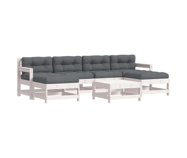 Juego de muebles jardin 7 piezas y cojines madera maciza blanco