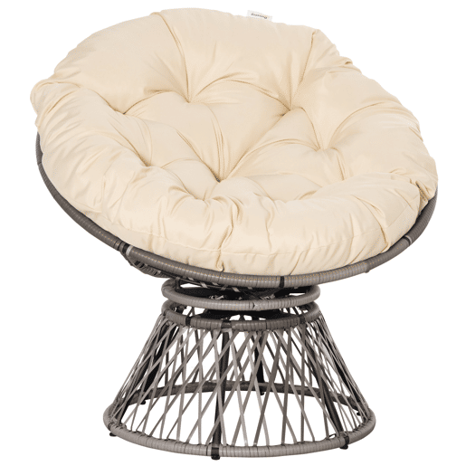 Outsunny Poltrona Papasan Giratória de Vime Sintético Poltrona de Vime PE com Almofada e Estrutura de Aço Carga 160 kg para Jardim Terraço Pátio 87x97x90 cm Cinza e Creme