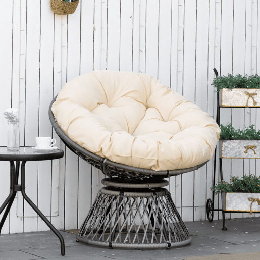Outsunny Poltrona Papasan Giratória de Vime Sintético Poltrona de Vime PE com Almofada e Estrutura de Aço Carga 160 kg para Jardim Terraço Pátio 87x97x90 cm Cinza e Creme