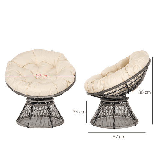 Outsunny Poltrona Papasan Giratória de Vime Sintético Poltrona de Vime PE com Almofada e Estrutura de Aço Carga 160 kg para Jardim Terraço Pátio 87x97x90 cm Cinza e Creme