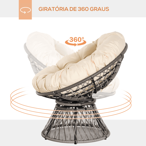 Outsunny Poltrona Papasan Giratória de Vime Sintético Poltrona de Vime PE com Almofada e Estrutura de Aço Carga 160 kg para Jardim Terraço Pátio 87x97x90 cm Cinza e Creme