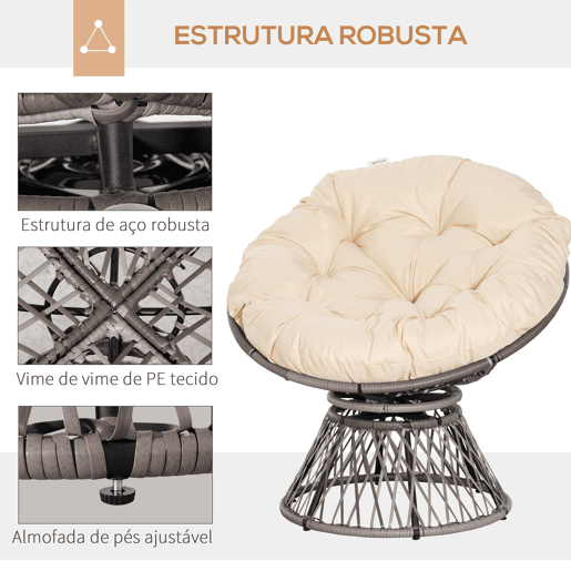 Outsunny Poltrona Papasan Giratória de Vime Sintético Poltrona de Vime PE com Almofada e Estrutura de Aço Carga 160 kg para Jardim Terraço Pátio 87x97x90 cm Cinza e Creme