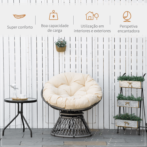 Outsunny Poltrona Papasan Giratória de Vime Sintético Poltrona de Vime PE com Almofada e Estrutura de Aço Carga 160 kg para Jardim Terraço Pátio 87x97x90 cm Cinza e Creme