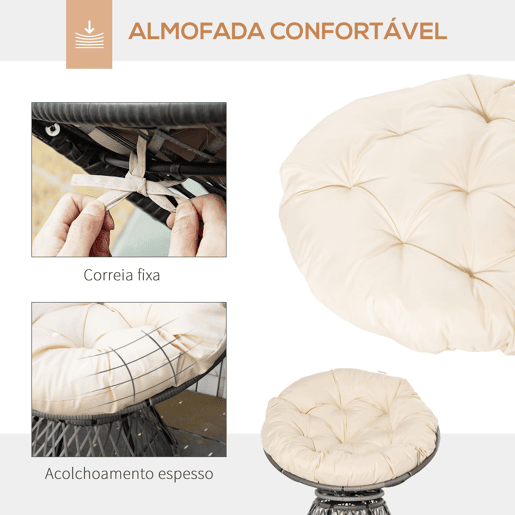 Outsunny Poltrona Papasan Giratória de Vime Sintético Poltrona de Vime PE com Almofada e Estrutura de Aço Carga 160 kg para Jardim Terraço Pátio 87x97x90 cm Cinza e Creme