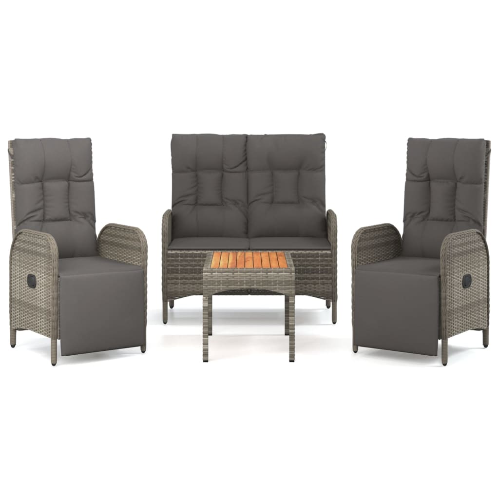 Juego de comedor de jardin 4 piezas con cojines ratán pe gris banco + 2x sillon + mesa