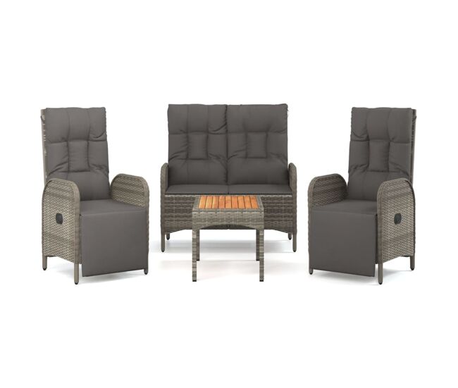 Juego de comedor de jardin 4 piezas con cojines ratán pe gris banco + 2x sillon + mesa