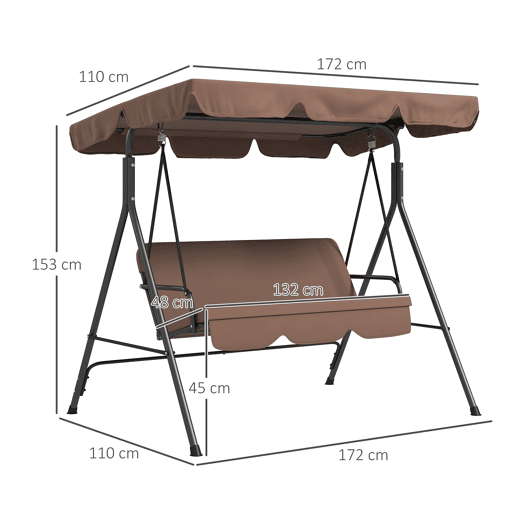 Outsunny Baloiço de Jardim de 3 Lugares com Almofada Toldo Ajustável e Estrutura de Aço para Balcão Terraço Patio Carga Máx. 200 kg 172x110x153 cm Marróm