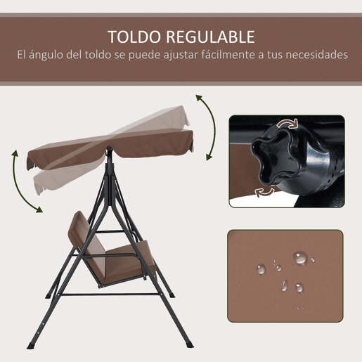 Outsunny Baloiço de Jardim de 3 Lugares com Almofada Toldo Ajustável e Estrutura de Aço para Balcão Terraço Patio Carga Máx. 200 kg 172x110x153 cm Marróm