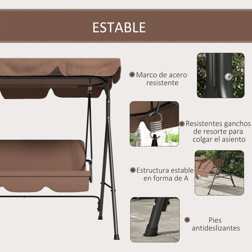 Outsunny Baloiço de Jardim de 3 Lugares com Almofada Toldo Ajustável e Estrutura de Aço para Balcão Terraço Patio Carga Máx. 200 kg 172x110x153 cm Marróm