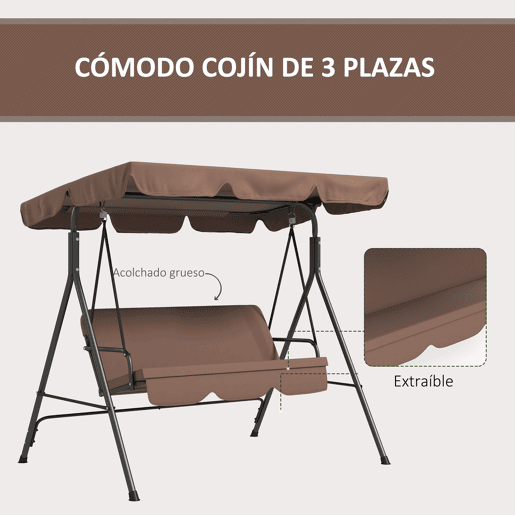 Outsunny Baloiço de Jardim de 3 Lugares com Almofada Toldo Ajustável e Estrutura de Aço para Balcão Terraço Patio Carga Máx. 200 kg 172x110x153 cm Marróm