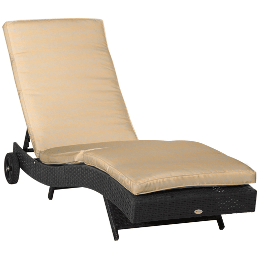 Outsunny Espreguiçadeira de Vime Reclinável Espreguiçadeira de Jardim com Forma de S com 2 Rodas Encosto Ajustável em 5 Posições e Almofada Amovível para Pátio Varanda 207x70x70 cm Preto e Creme