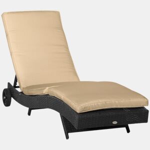 Outsunny Espreguiçadeira de Vime Reclinável Espreguiçadeira de Jardim com Forma de S com 2 Rodas Encosto Ajustável em 5 Posições e Almofada Amovível para Pátio Varanda 207x70x70 cm Preto e Creme