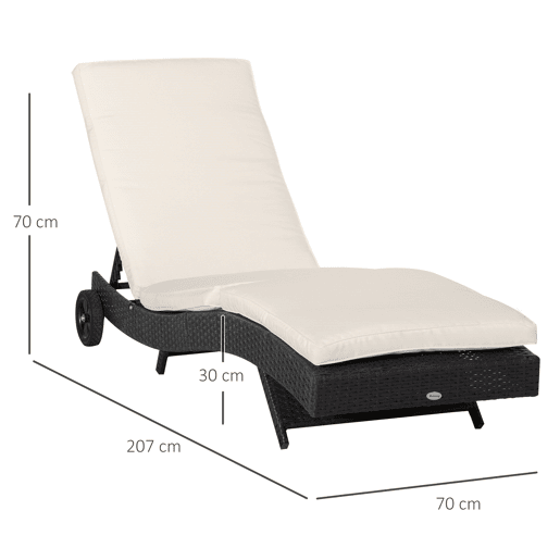 Outsunny Espreguiçadeira de Vime Reclinável Espreguiçadeira de Jardim com Forma de S com 2 Rodas Encosto Ajustável em 5 Posições e Almofada Amovível para Pátio Varanda 207x70x70 cm Preto e Creme