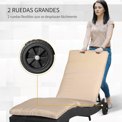 Outsunny Espreguiçadeira de Vime Reclinável Espreguiçadeira de Jardim com Forma de S com 2 Rodas Encosto Ajustável em 5 Posições e Almofada Amovível para Pátio Varanda 207x70x70 cm Preto e Creme