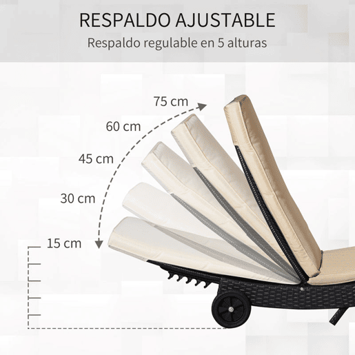 Outsunny Espreguiçadeira de Vime Reclinável Espreguiçadeira de Jardim com Forma de S com 2 Rodas Encosto Ajustável em 5 Posições e Almofada Amovível para Pátio Varanda 207x70x70 cm Preto e Creme