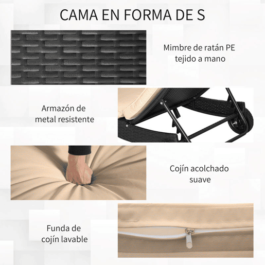 Outsunny Espreguiçadeira de Vime Reclinável Espreguiçadeira de Jardim com Forma de S com 2 Rodas Encosto Ajustável em 5 Posições e Almofada Amovível para Pátio Varanda 207x70x70 cm Preto e Creme