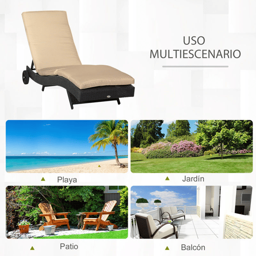 Outsunny Espreguiçadeira de Vime Reclinável Espreguiçadeira de Jardim com Forma de S com 2 Rodas Encosto Ajustável em 5 Posições e Almofada Amovível para Pátio Varanda 207x70x70 cm Preto e Creme