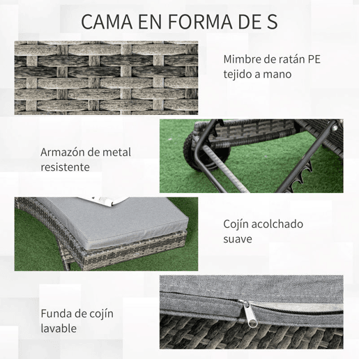 Outsunny Espreguiçadeira de Vime Reclinável Espreguiçadeira de Jardim com Forma de S com 2 Rodas Encosto Ajustável em 5 Posições e Almofada Amovível para Pátio Varanda 207x70x70 cm Cinza